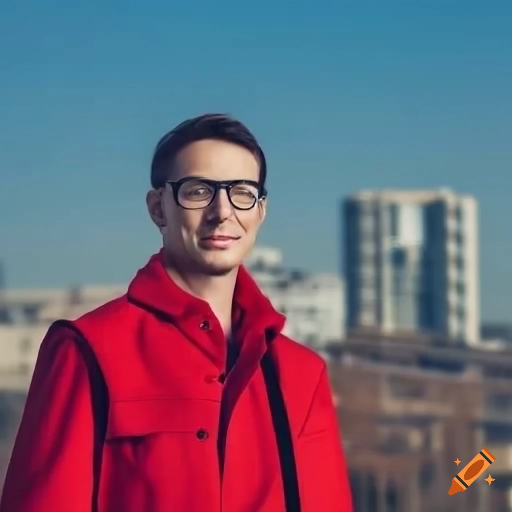 Man in red coat standing in the city