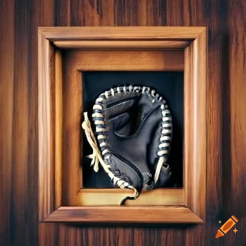 Wooden framed display of a catchers mitt