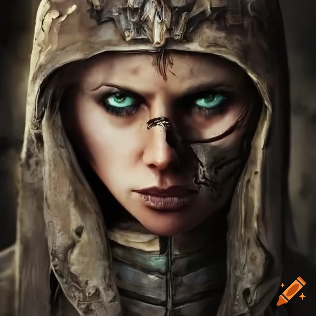 Image of a fierce female warrior in a postapocalyptic setting