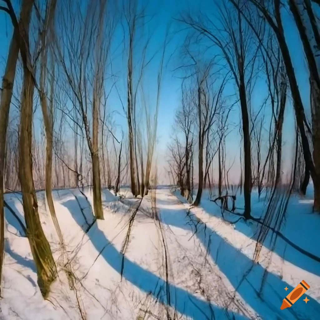fisheye view of a snowy cemetery path