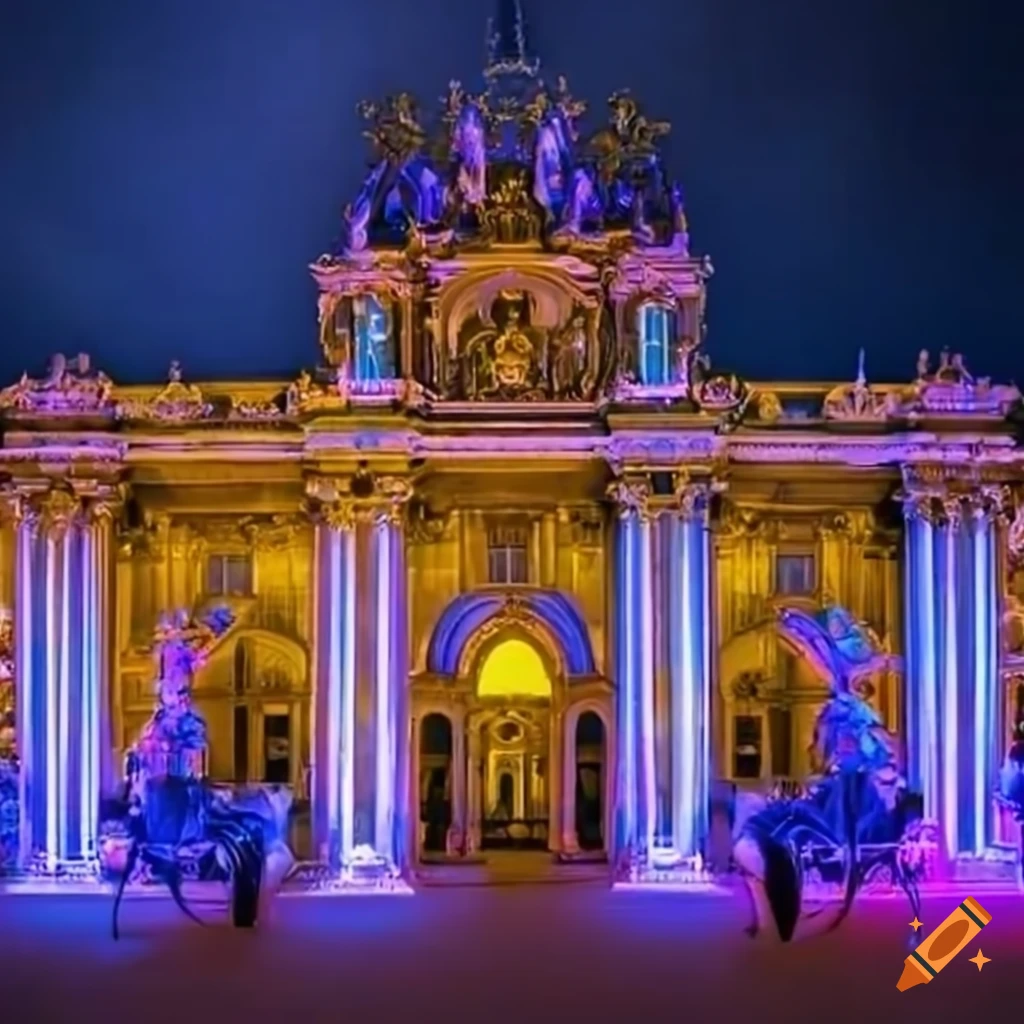 glowing horse drawn carriage in front of a palace