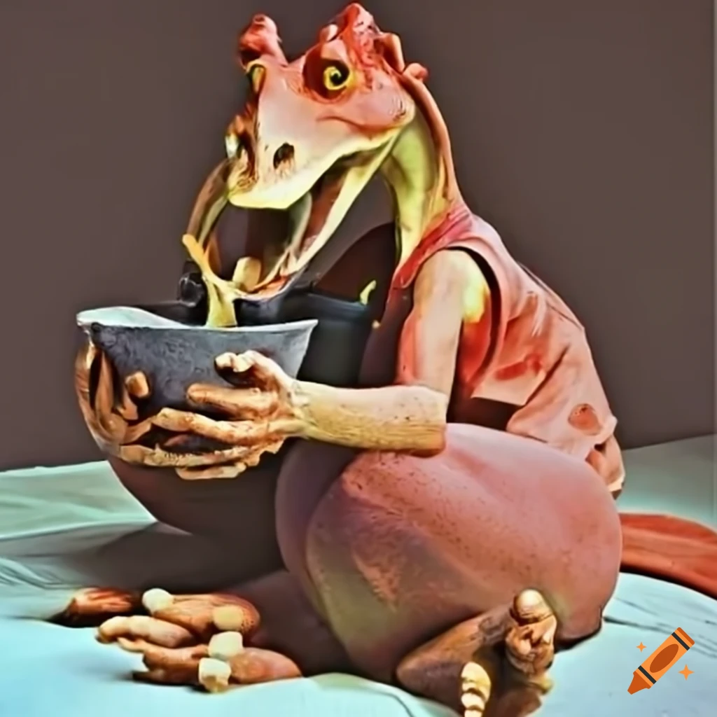 Humorous image of jar jar binks eating from a trashcan on Craiyon