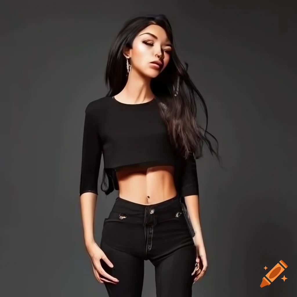 Stylish black skinny jeans and crop top outfit on Craiyon