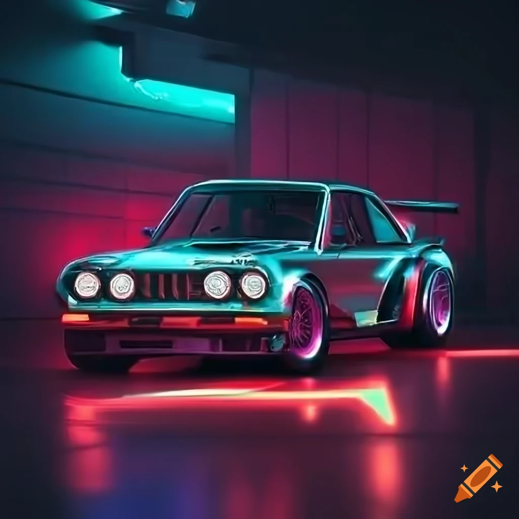 Vintage sports car with neon lights