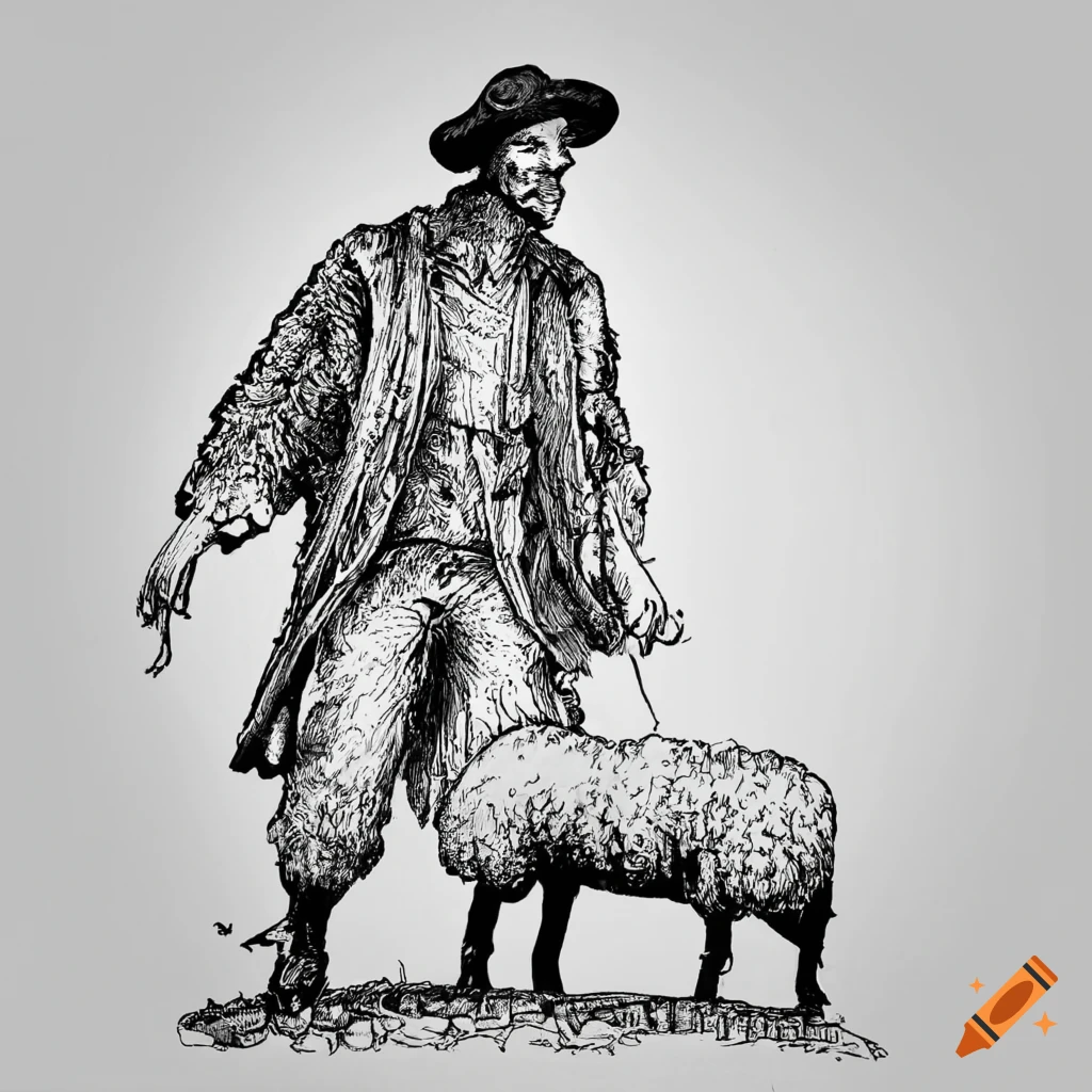 Ink illustration of a man herding sheep on Craiyon, image size:1024x1024