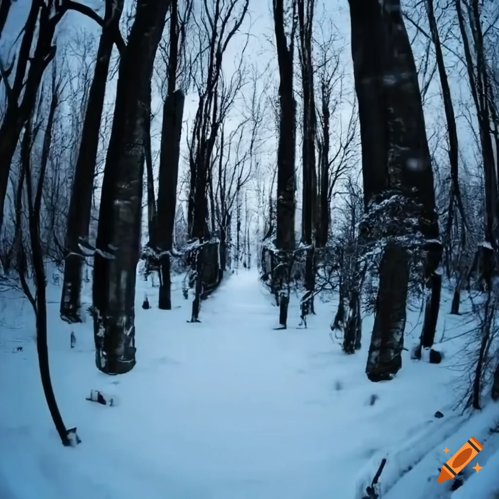 fisheye view of a snowy cemetery path