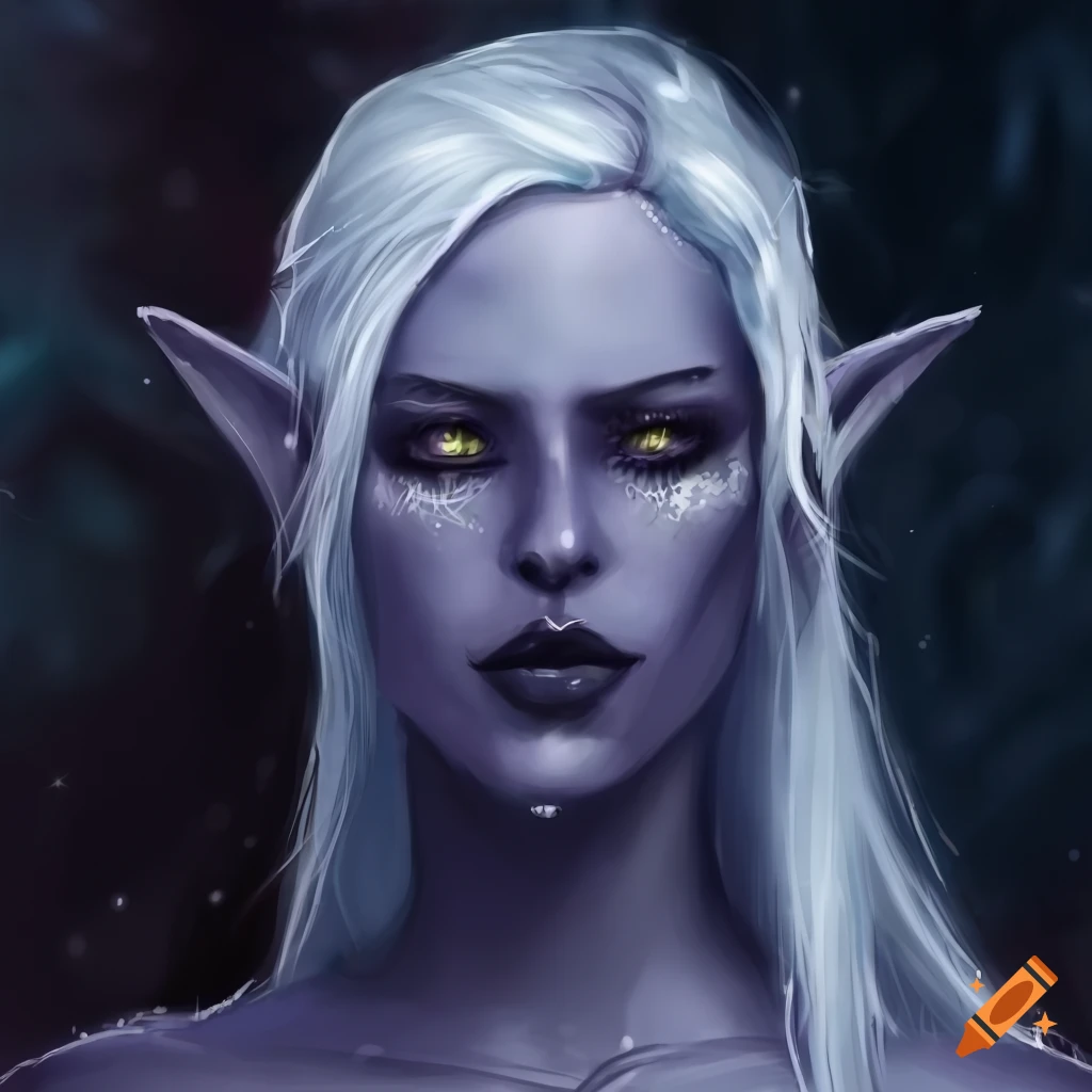 Portrait of a gentle-looking dark elf woman with white hair on Craiyon