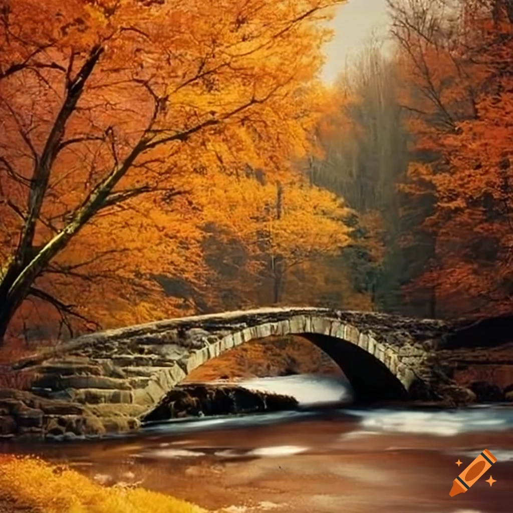 Scenic stone bridge during fall season on Craiyon
