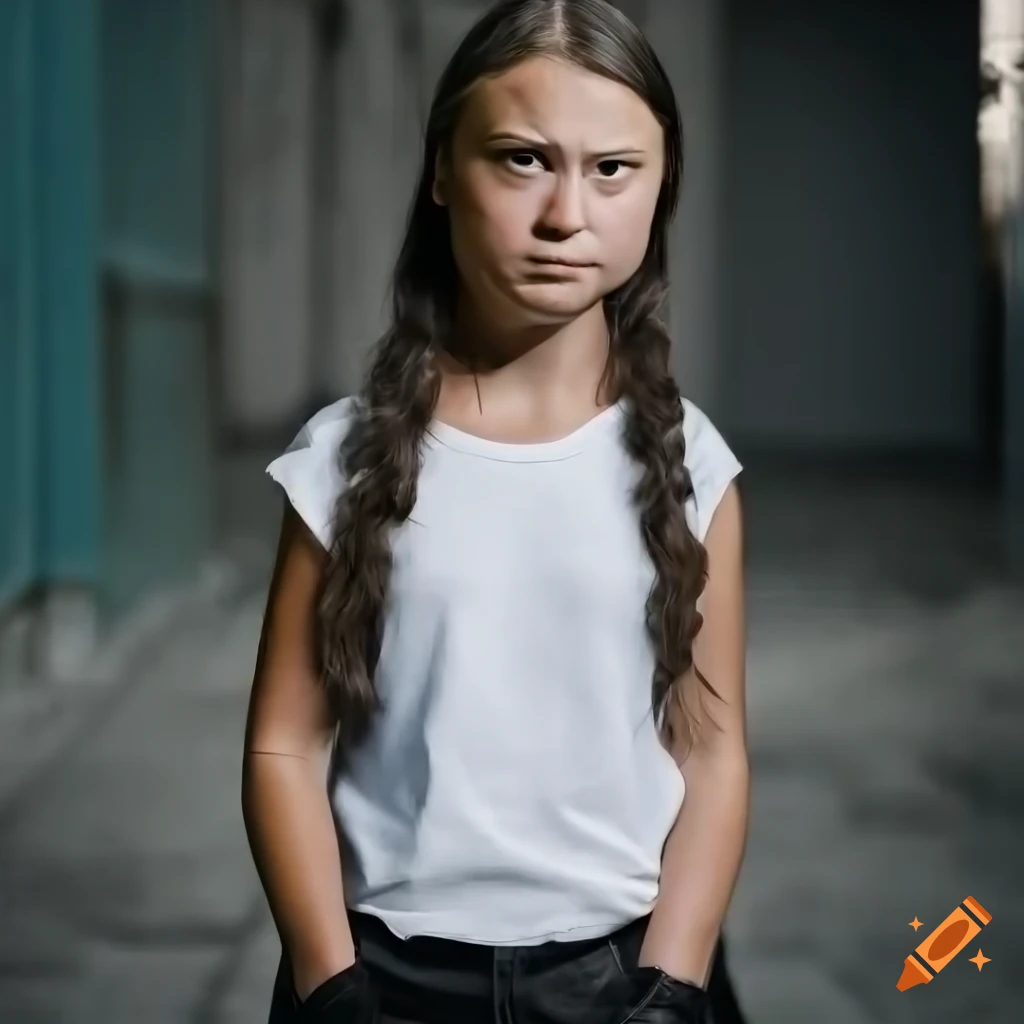 Closeup of a young woman in a sleeveless t-shirt and leather trousers