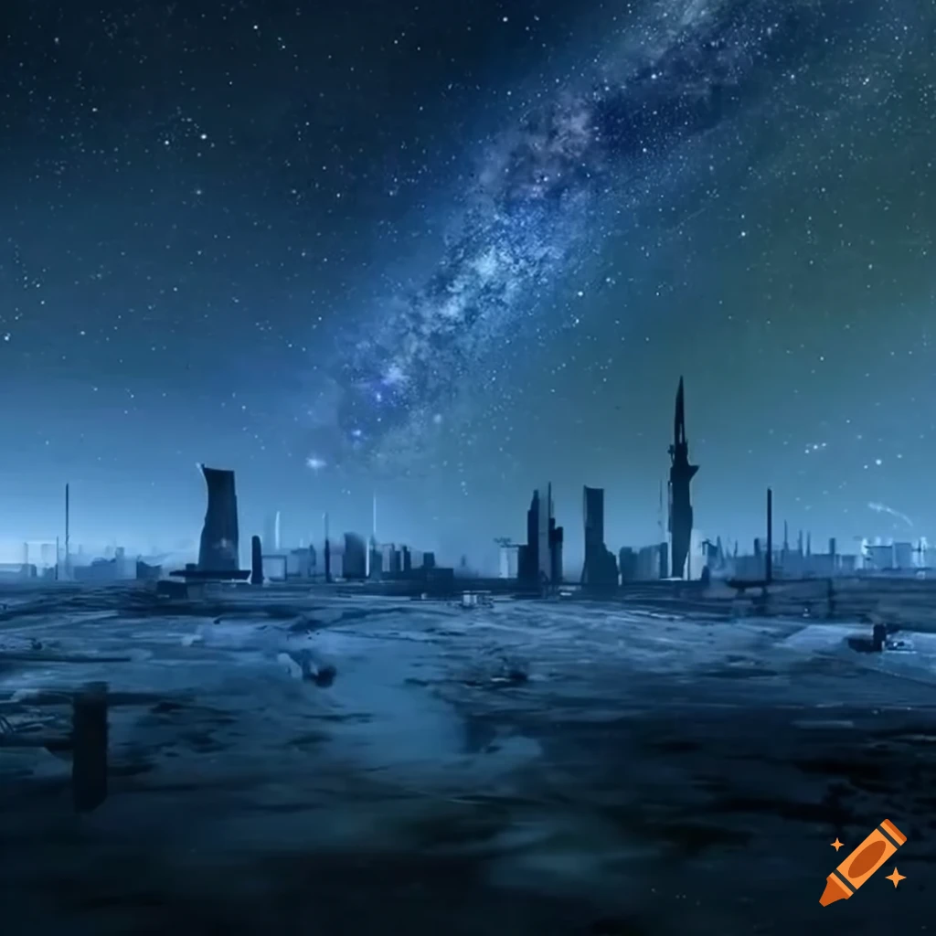 starry night sky over dark futuristic city on a frozen planet
