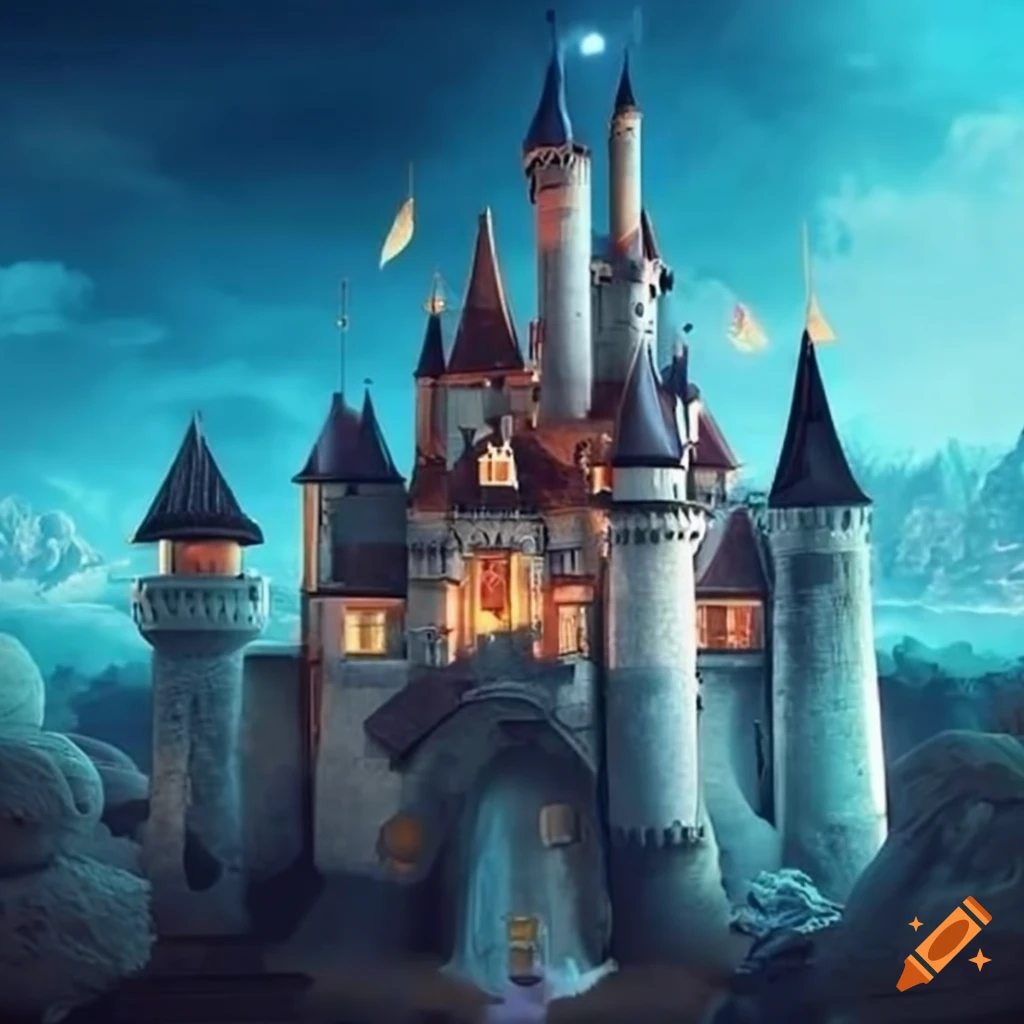 Image of a magical castle with multiple floors and a slide