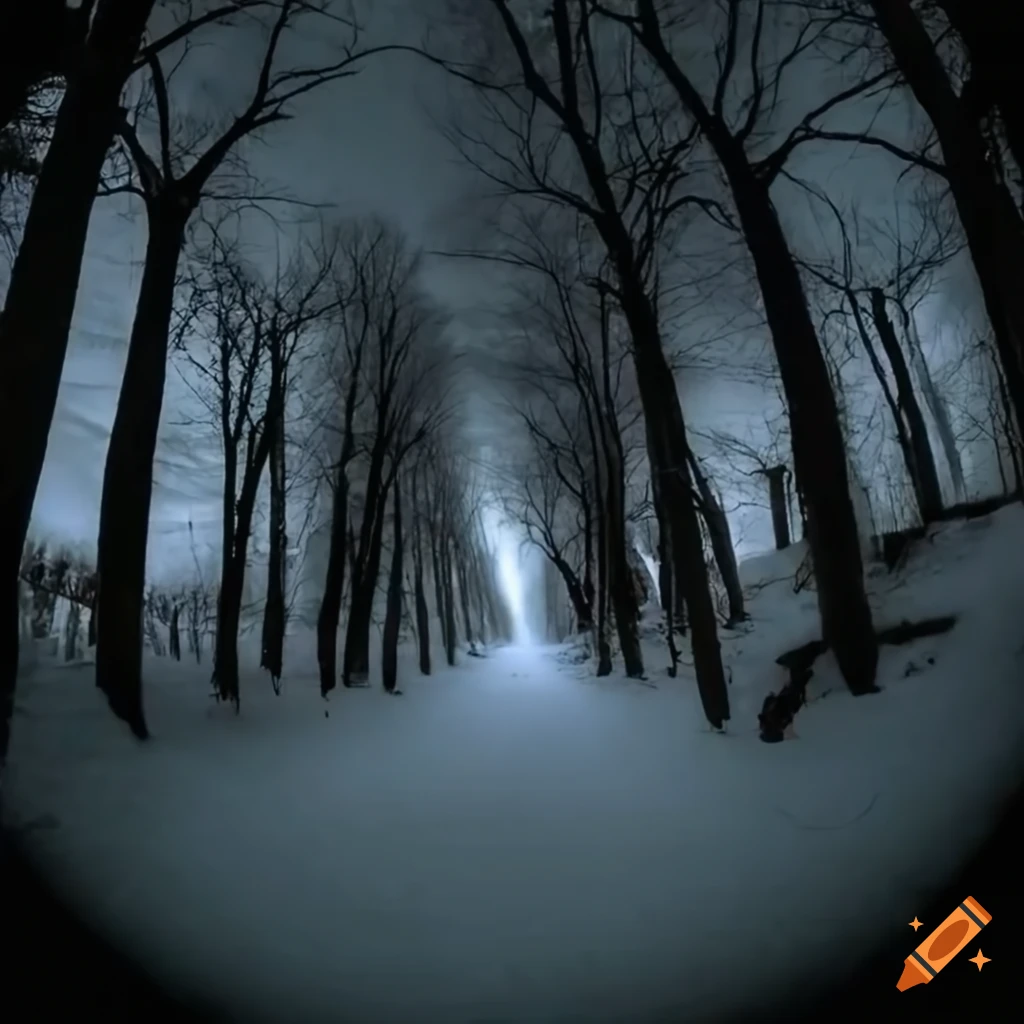 Dark winter night in a cemetery with winding path and birds on Craiyon
