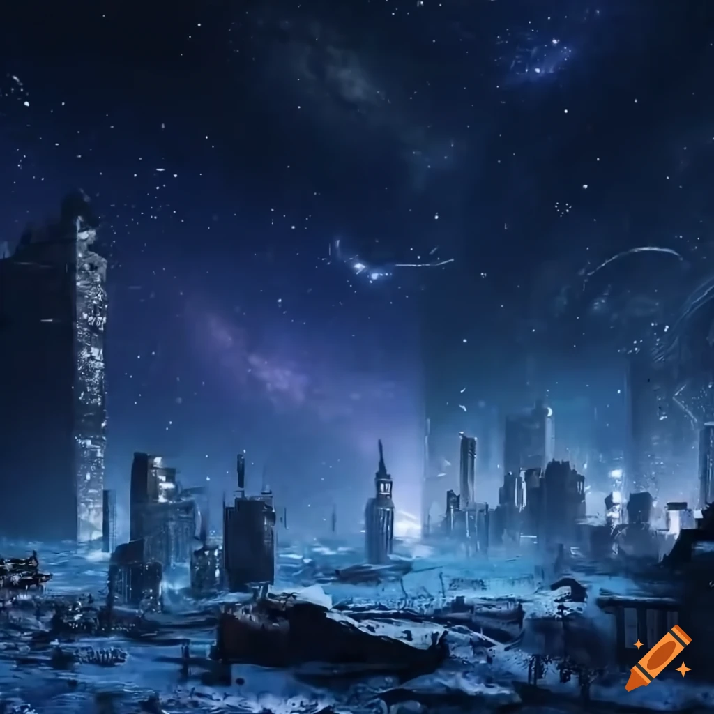 Post-apocalyptic chicago city ruins in space with asteroids on Craiyon