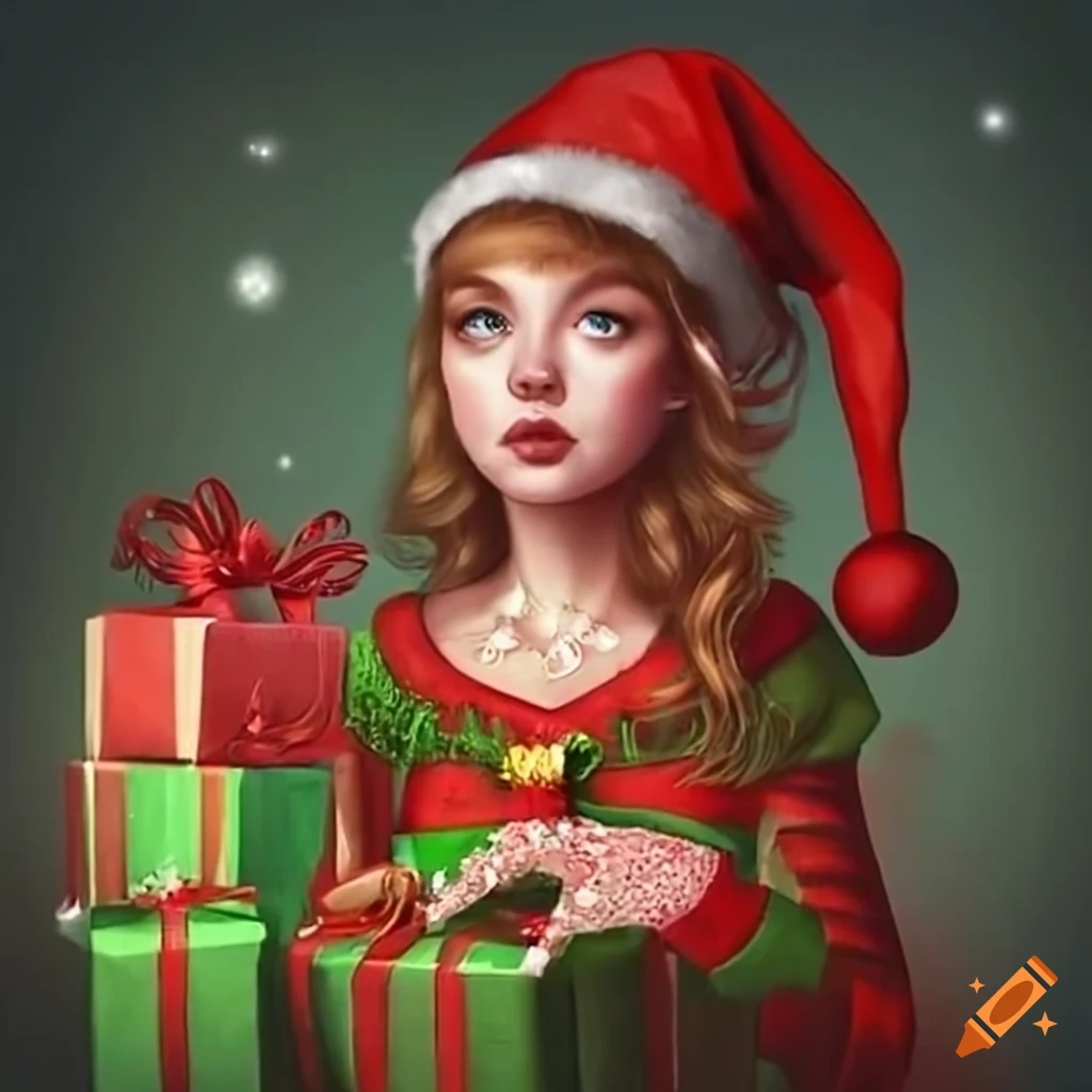 Christmas elf girl surrounded by presents
