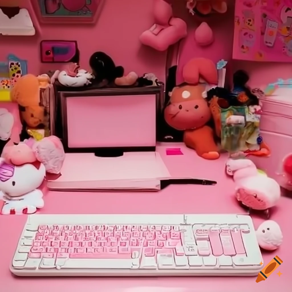 pink computer on a messy desk with Sanrio toys
