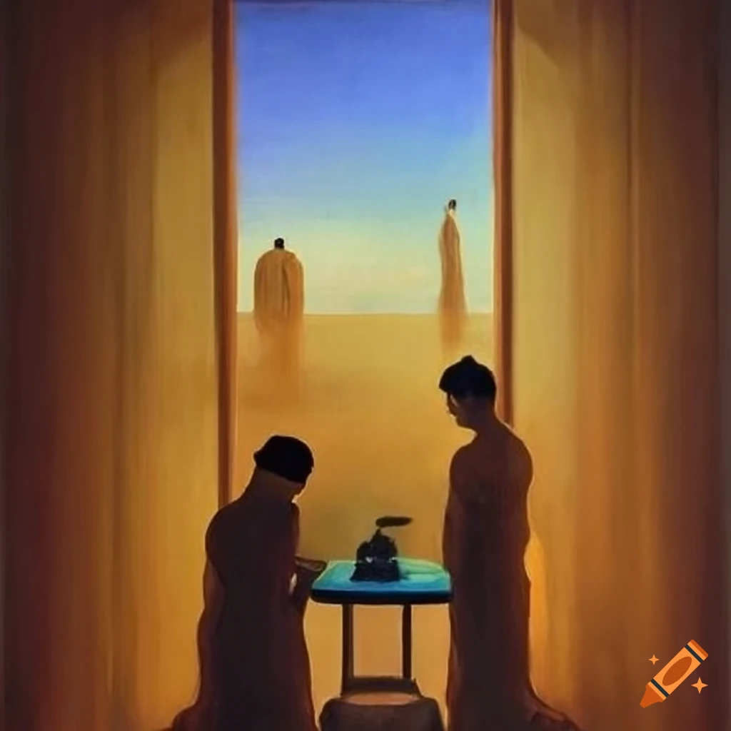 Magritte's painting of Asian men at a spa