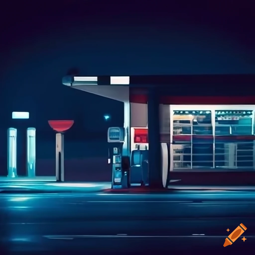 night scene at a gas station with parked cars