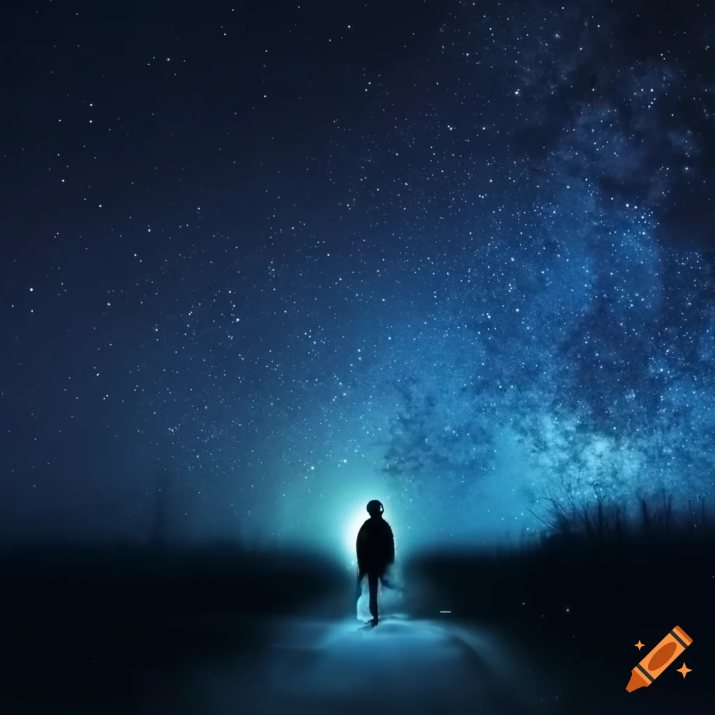 walker under a night sky with spiritual light