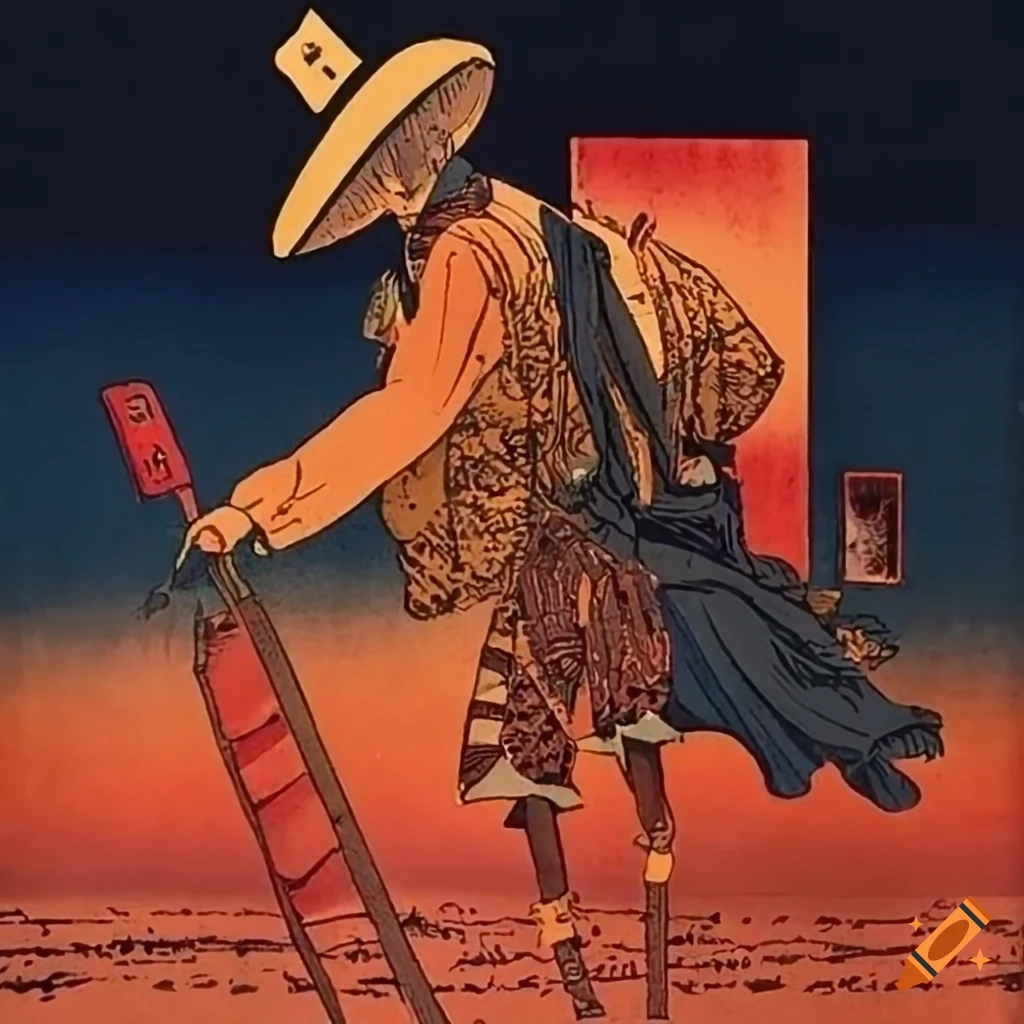 Ukiyo-e woodblock print of a cowboy abducted by aliens