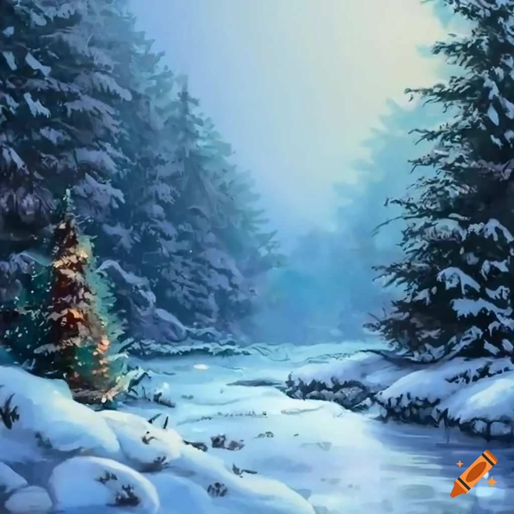 painting of Christmas trees in a snowy forest
