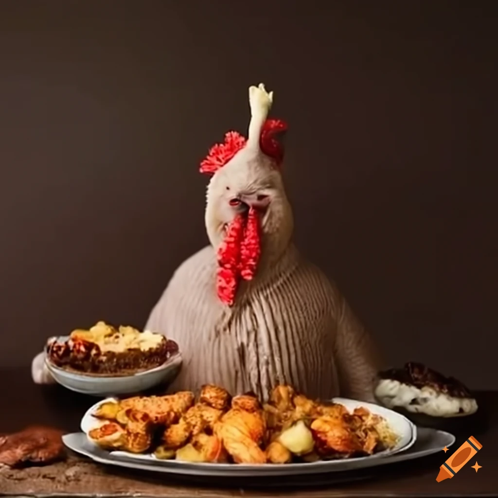 Funny chicken dressed as a turkey serving food on Craiyon