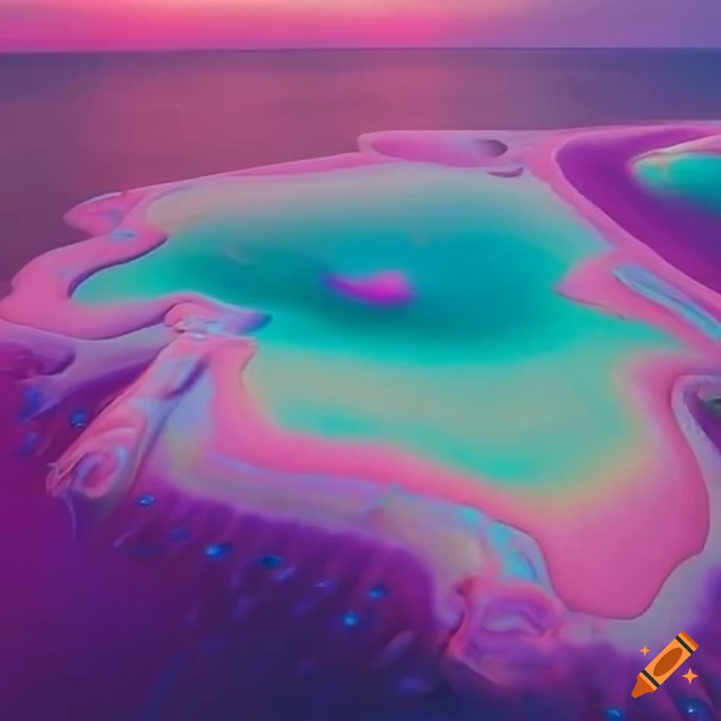 Iridescent pink island in the ocean