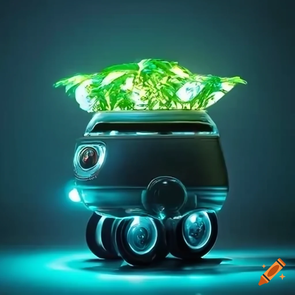 futuristic robotic plant pot on wheels