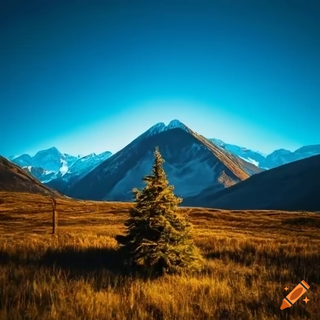 mountain range with a single fir tree in a square