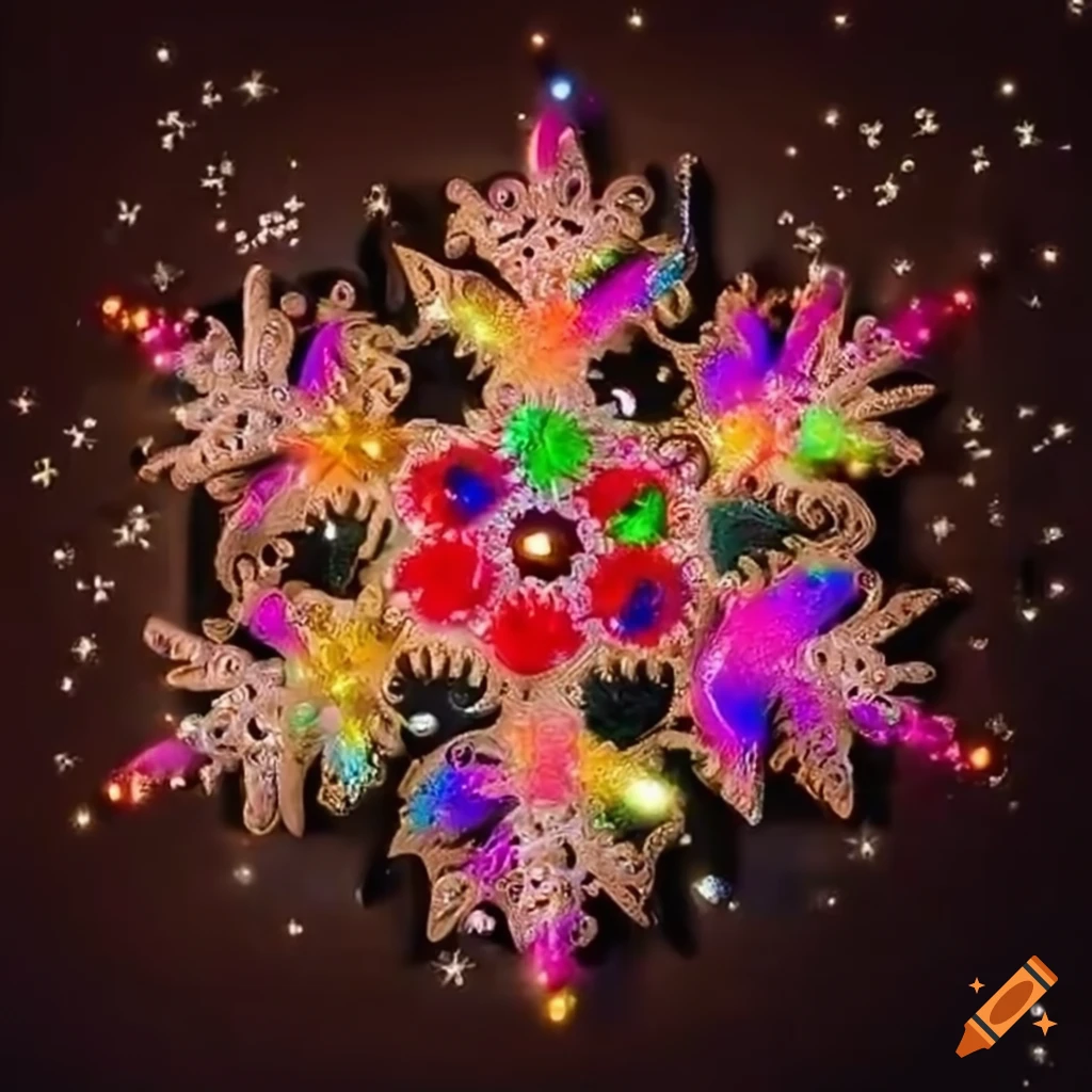 rangoli design with diyas and fireworks