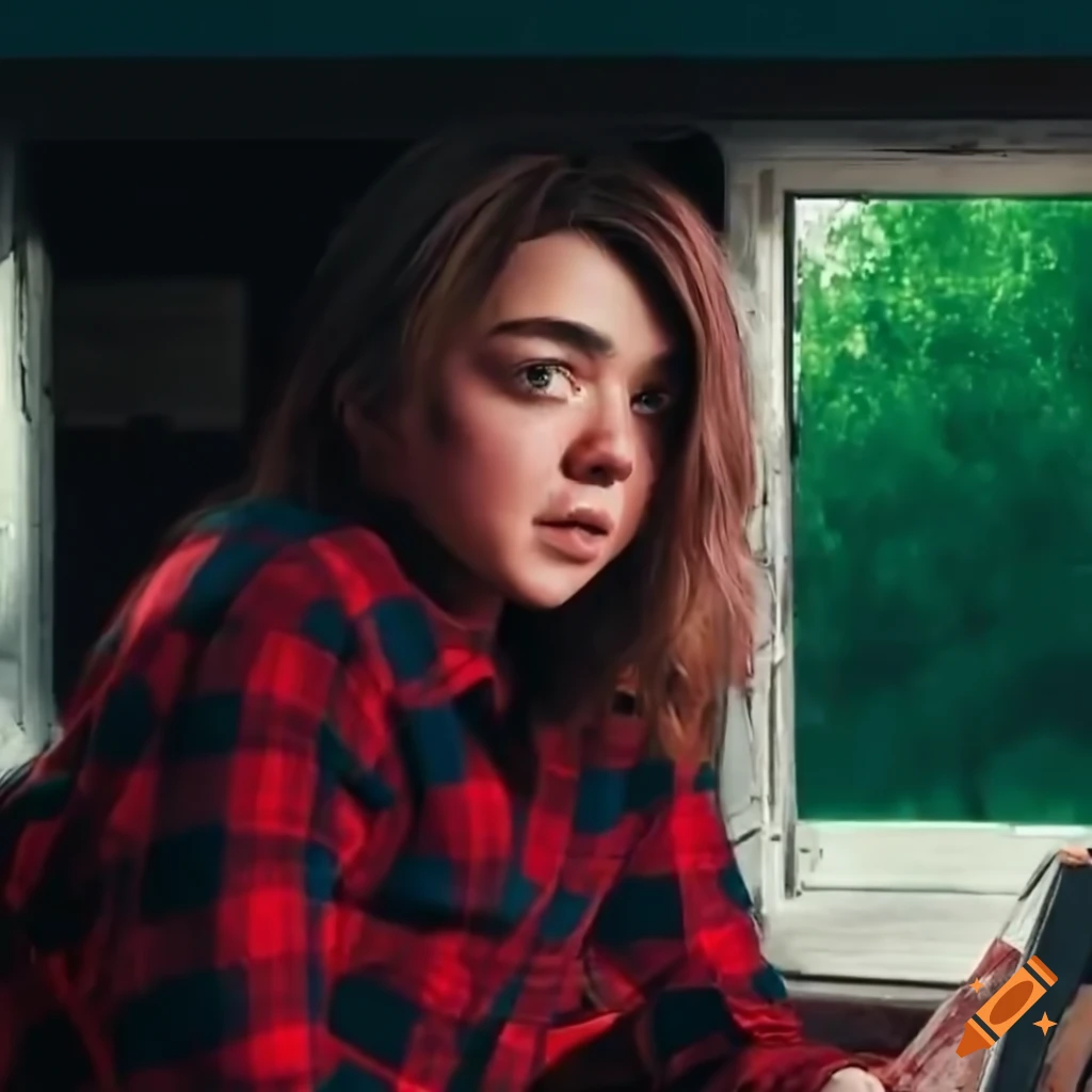Photorealistic image of a young actress maisie williams in a caravan on ...