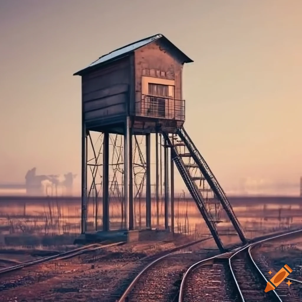 Simplistic industrial tower with railroad tracks