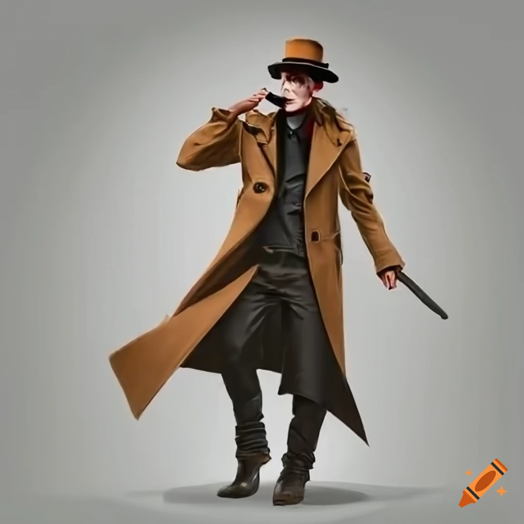 Full length image of a mysterious detective in a trench coat and fedora ...