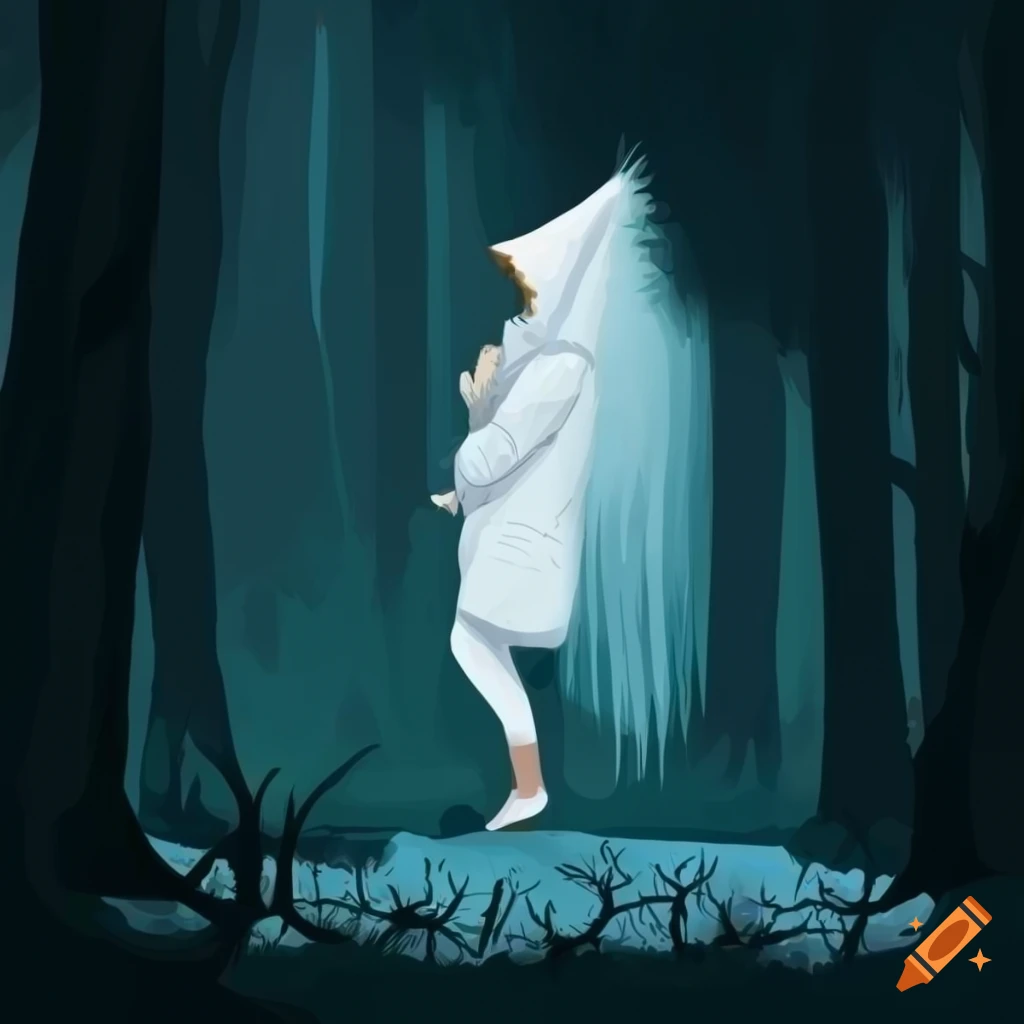 illustration d'un personnage avec un pull à capuche blanche dans une forêt sombre