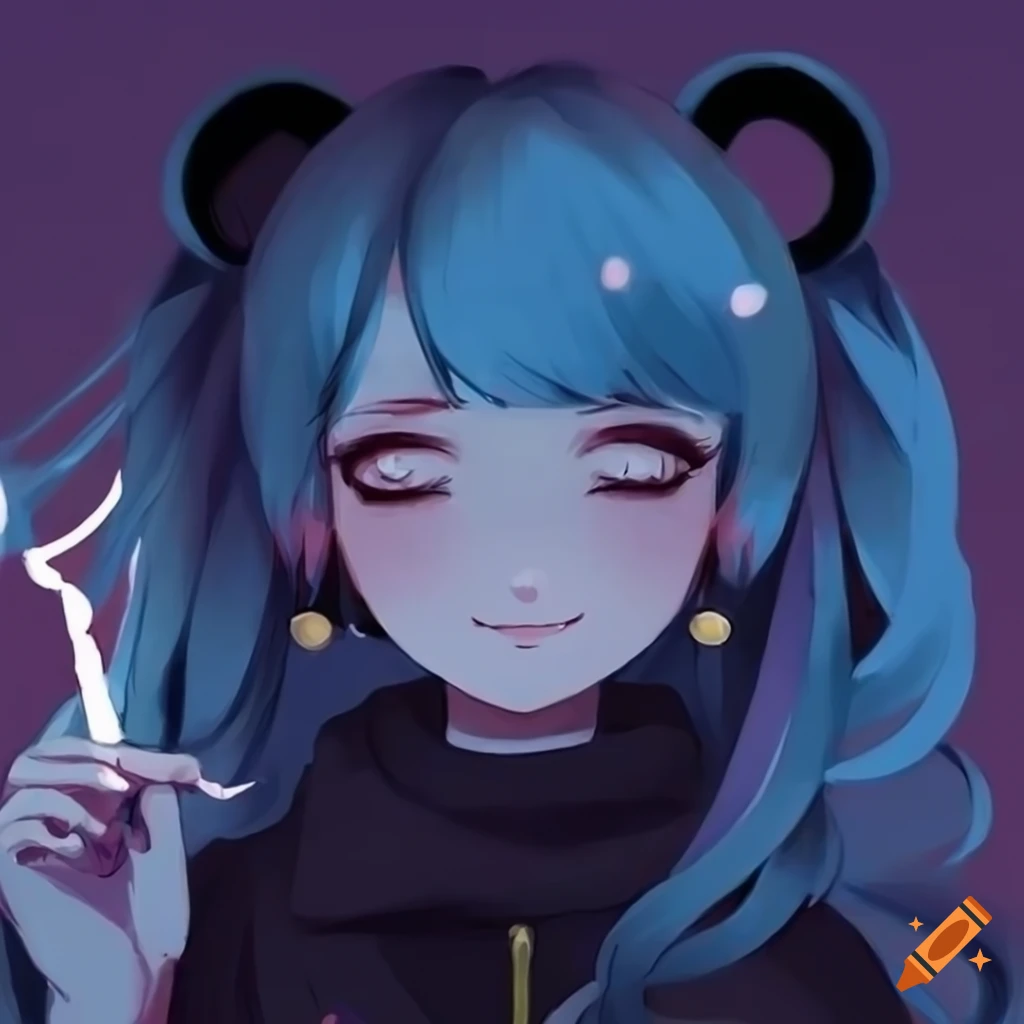 lofi panda girl with blue hair and closed eyes, smoking