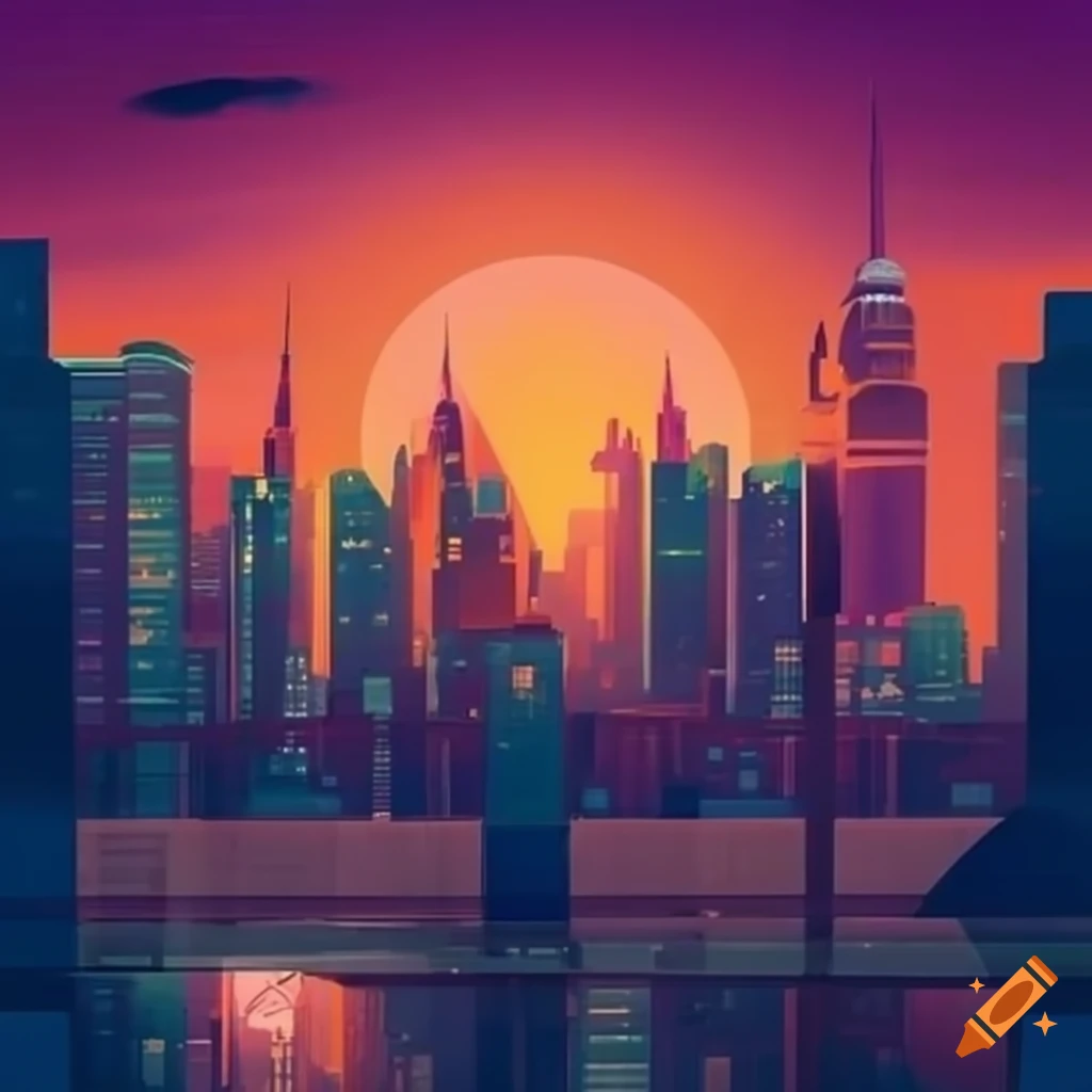 retro futuristic city skyline with colorful sunset
