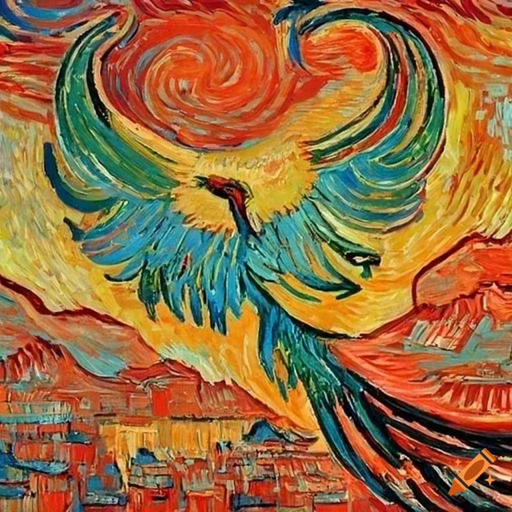 Cityscape painting with phoenix bird logo on Craiyon