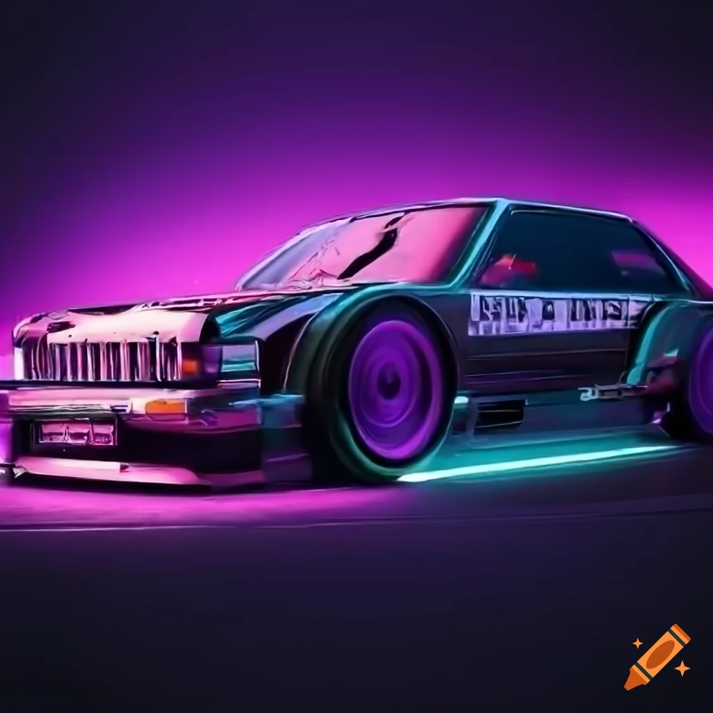 neon-lit vintage sports car in a cyberpunk setting