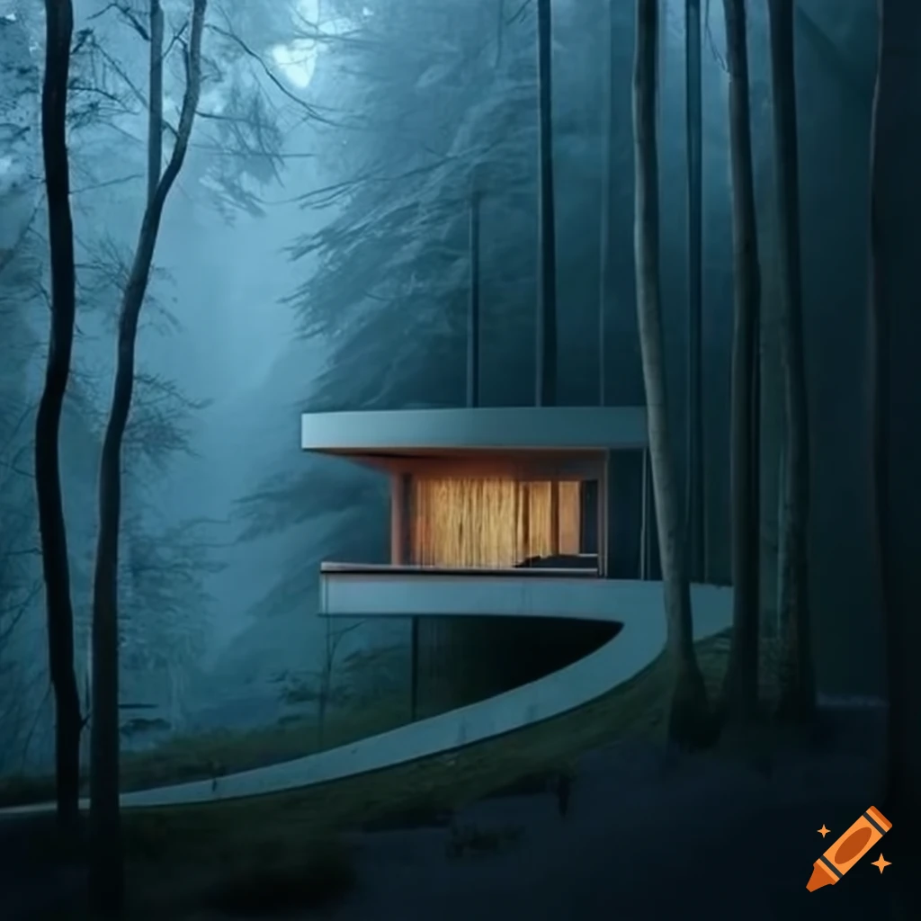 Minimalist cabin architecture on a winding path