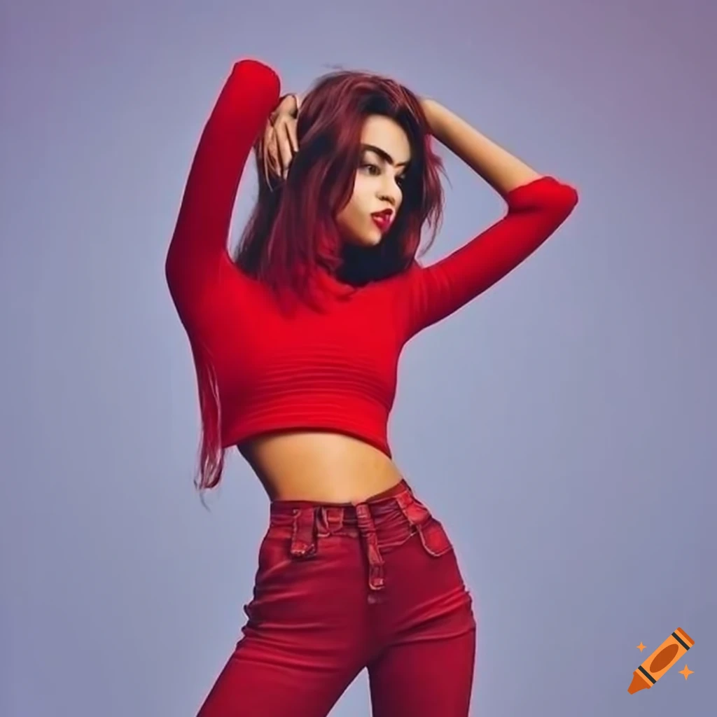 Red skinny jeans and crop top outfit on Craiyon
