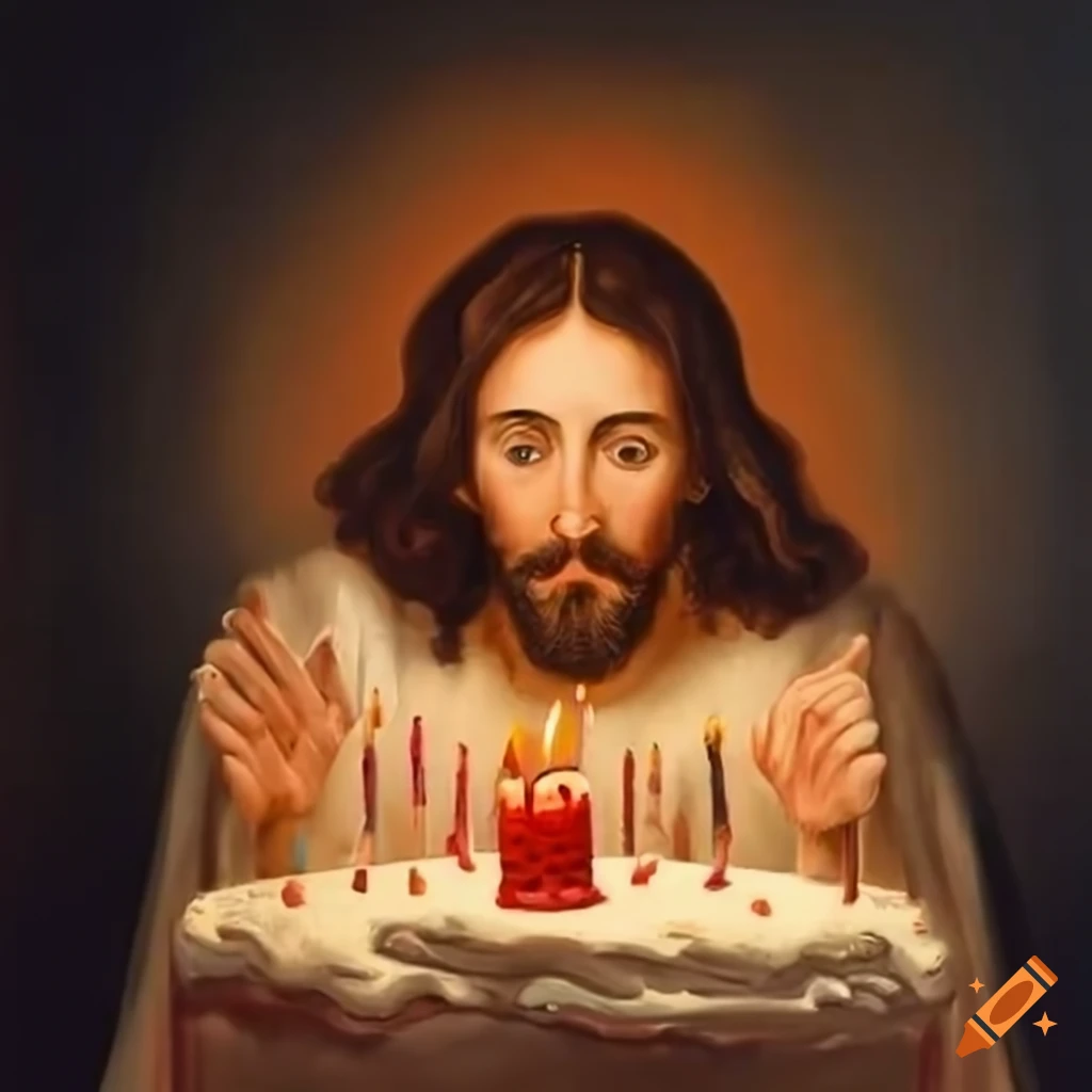 Painting of jesus blowing out birthday candles