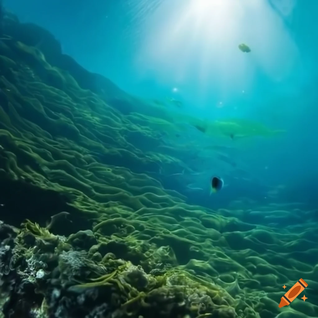 sunlit algae descending onto coral in underwater scene