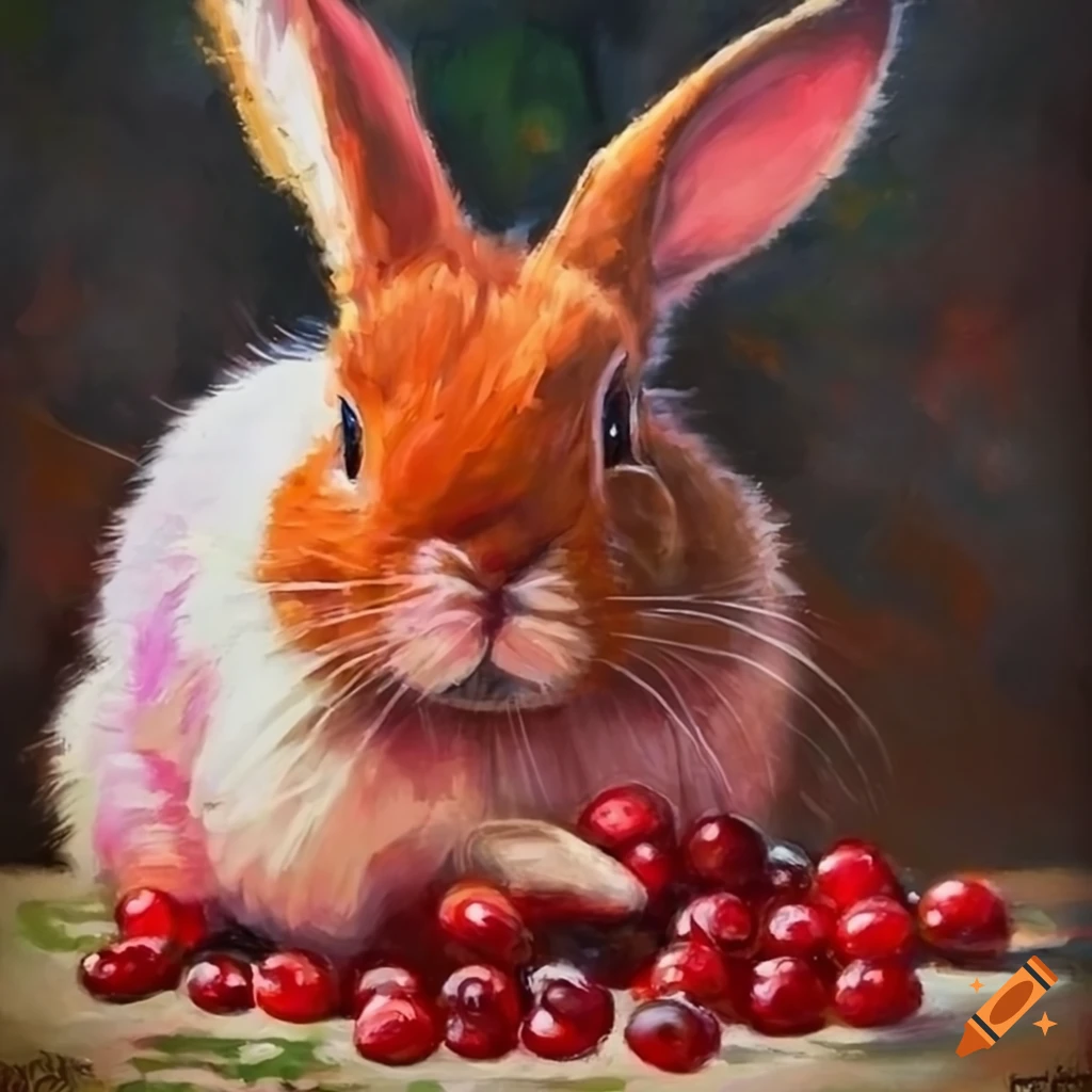 Oil painting of a cute bunny with cranberries