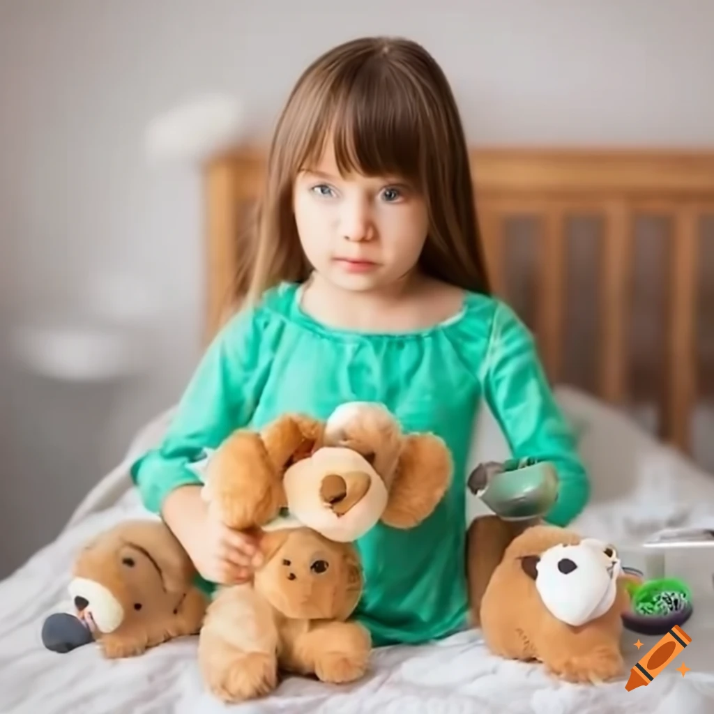 Little girl having a tea party with stuffed animals in her bedroom