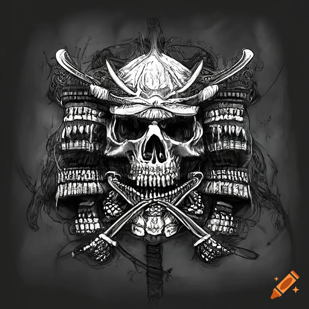 detailed fantasy art of a samurai skull with a cross hat