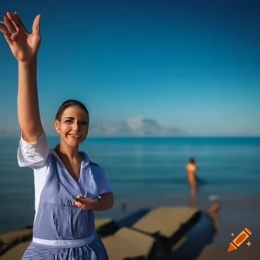 hotel staff waving with Alanya in the background