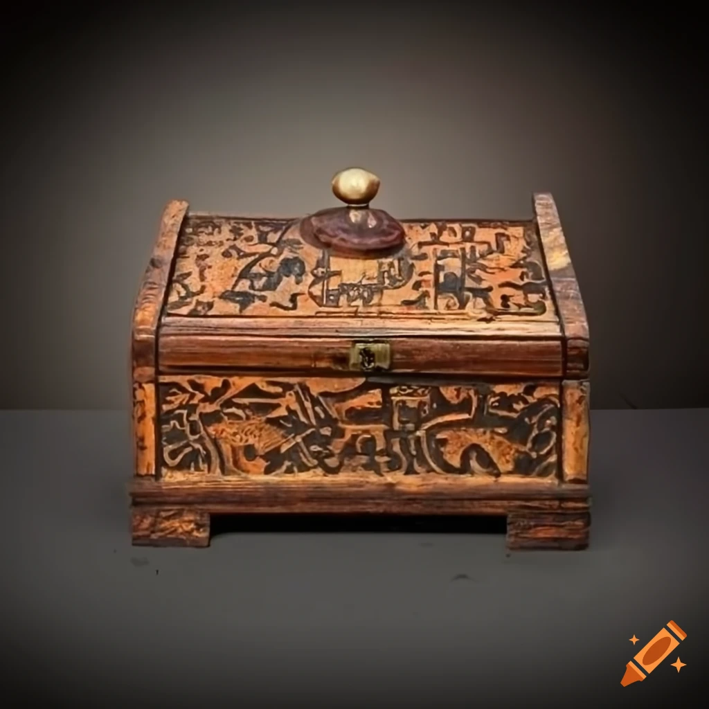 ornate antique wooden box with mysterious language inscriptions