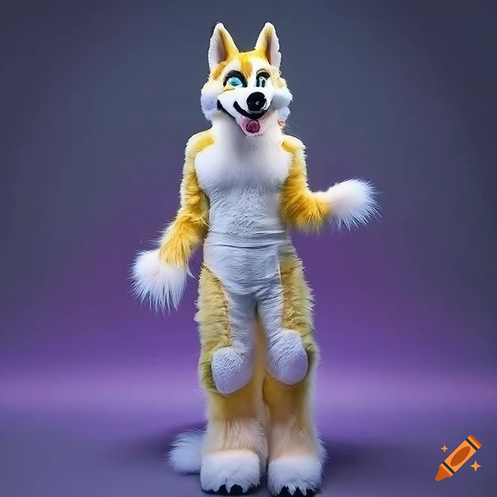 yellow husky fursuit with white patches and black markings