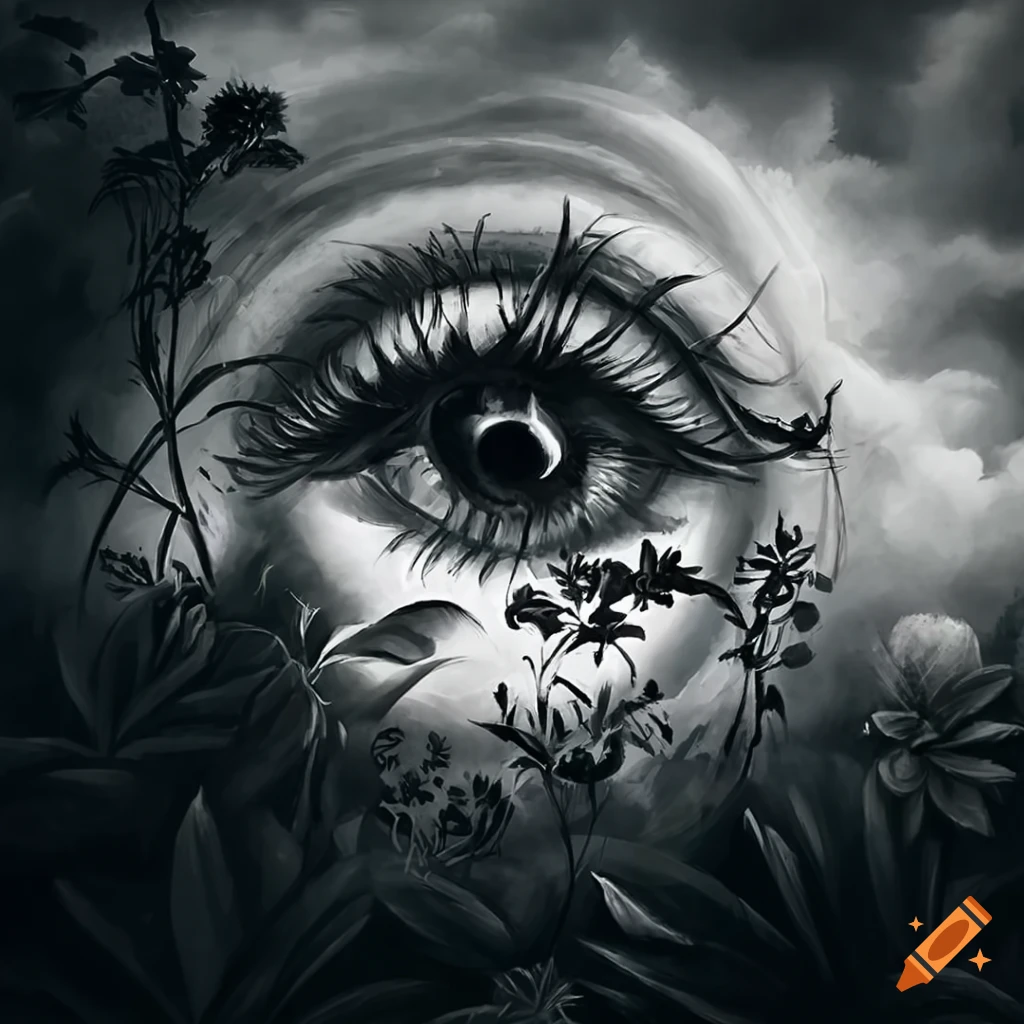 mystical eye surrounded by plants and clouds
