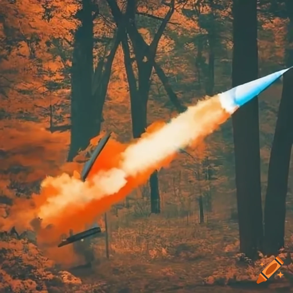 fighter jet firing orange missiles in a forest