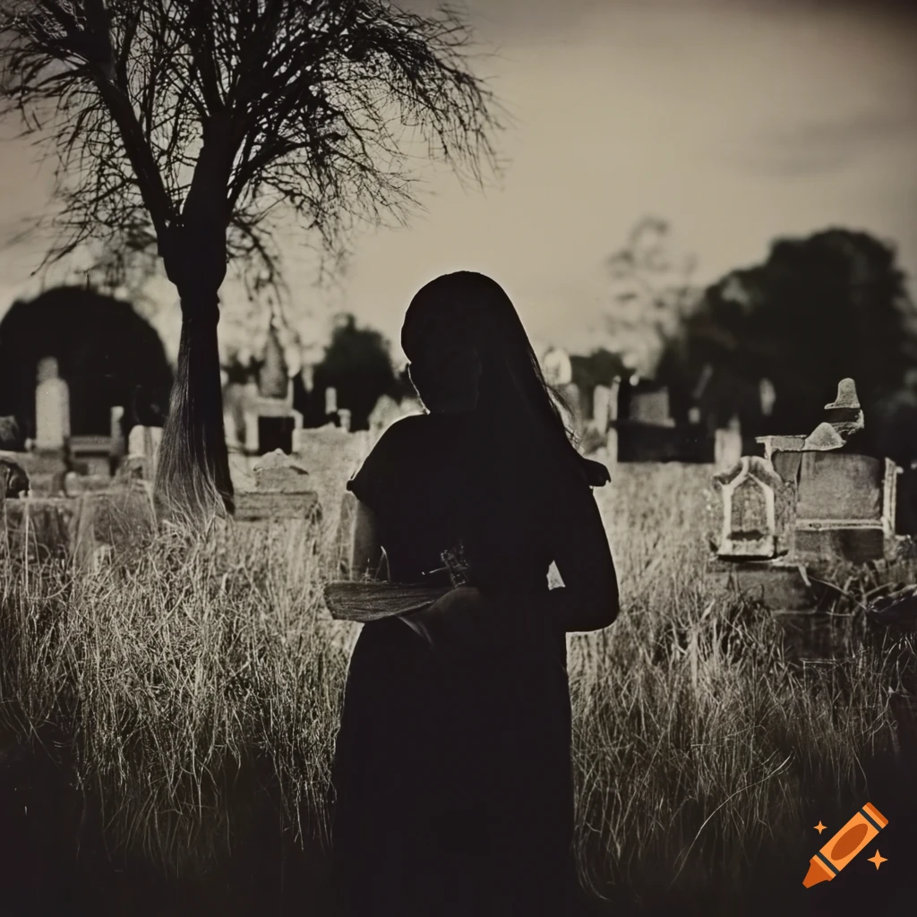 vintage photo of a Mexican woman with a baby in a rural graveyard